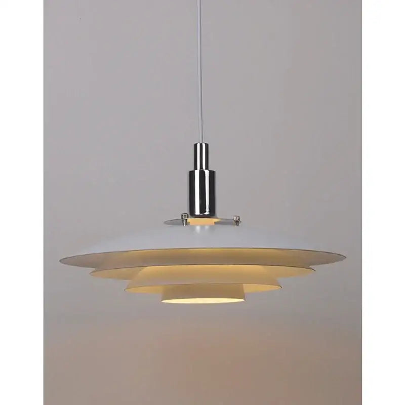 Modern white and red ufo pendant light with concentric frosted glass shades and polished chrome fixture for modern interiors with adjustable cord