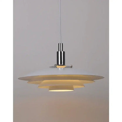 Modern white and red ufo pendant light with concentric frosted glass shades and polished chrome fixture for modern interiors with adjustable cord