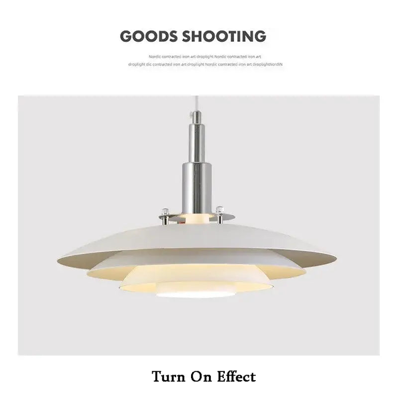 Modern white and red UFO pendant light with concentric white shades chrome suspension rod and adjustable cord for modern interiors