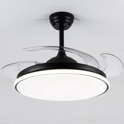 Modern white remote control ceiling fan with integrated led light and transparent curved blades by decorbites ceiling fans