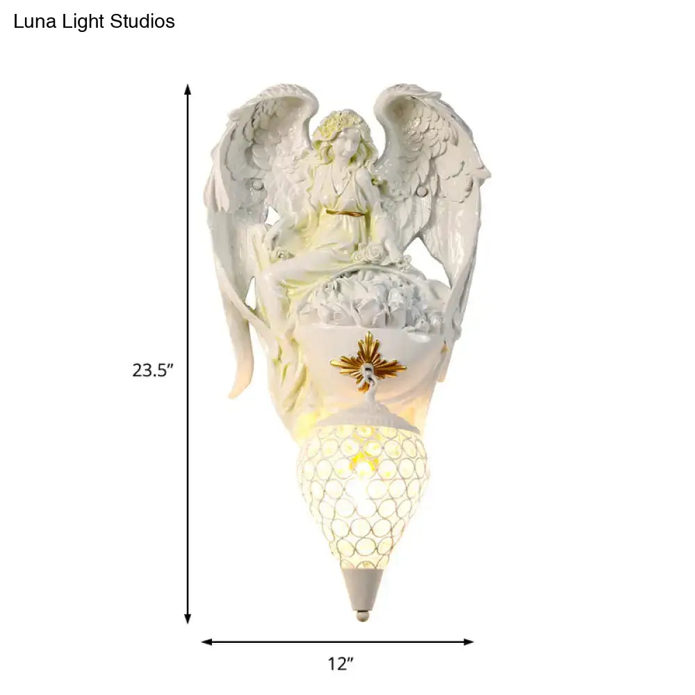 Modern white resin angel wall light with gold accents and mosaic glass shade designed for bedroom angel wall use