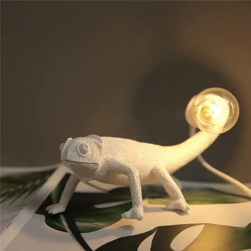 Modern white resin decorbites chameleon led table lamp with glowing tail bulb for bedroom reading decor