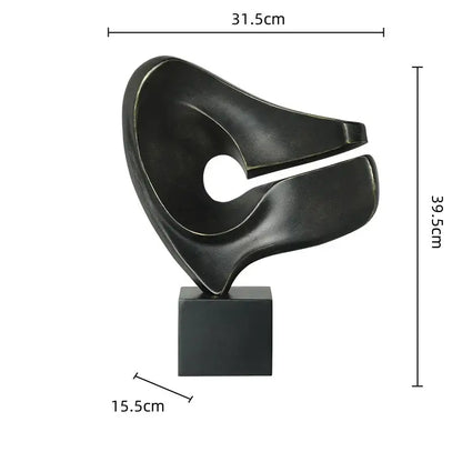 Modern white resin sculpture decorbites abstract hollowed-out black glossy resin sculpture with central circular cutout on wood pedestal