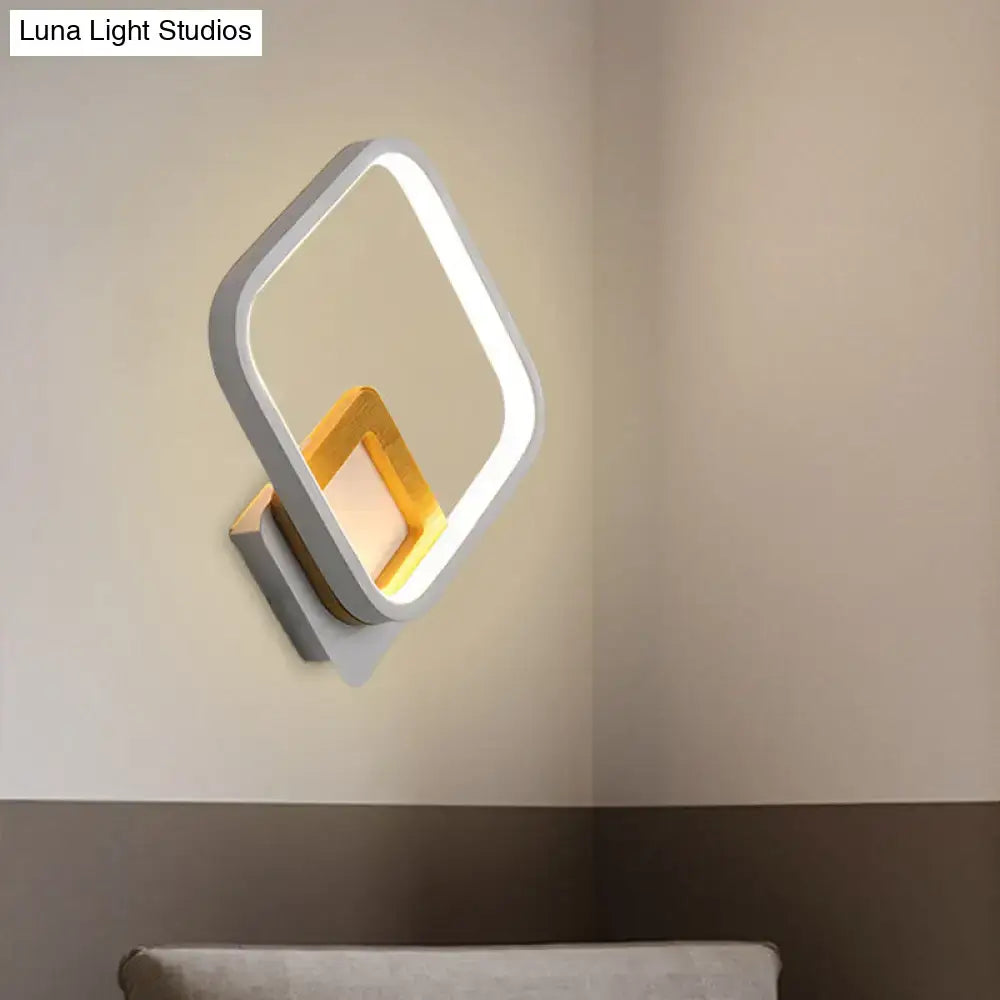 Modern white rhombus wall sconce with wood detail and warm yellow led lighting for bedroom decor inches fixture