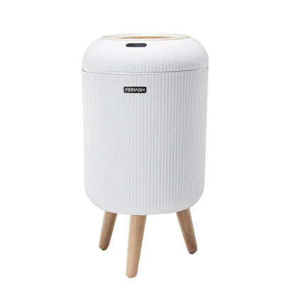 Modern white ribbed 10l luxury sensor trash can with vertical texture and light wood legs for kitchen decorbites 10l luxury use