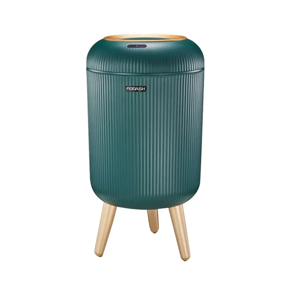 Teal ribbed cylindrical air purifier with gold top and wooden legs by feidash complements decorbites 10l luxury sensor trash