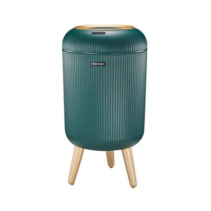 Teal ribbed cylindrical air purifier with gold top and wooden legs by feidash complements decorbites 10l luxury sensor trash