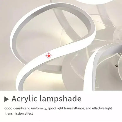 Modern white ring led ceiling fan with white acrylic lampshade and sleek curved design for bedroom lighting