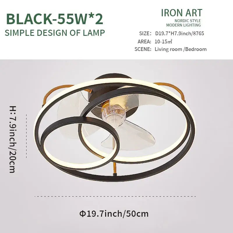 Modern black and gold nordic-style led ceiling fan with intertwined circular rings for bedroom lighting fixture