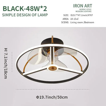 Black and gold nordic-style led ceiling fan with modern circular frame clear glass panels and two 48w bulbs