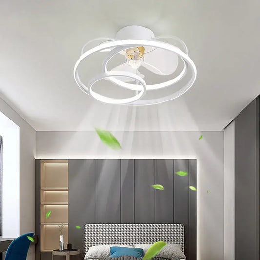 Modern white ring led ceiling fan with integrated light and multiple concentric rings for bedroom lighting fixture