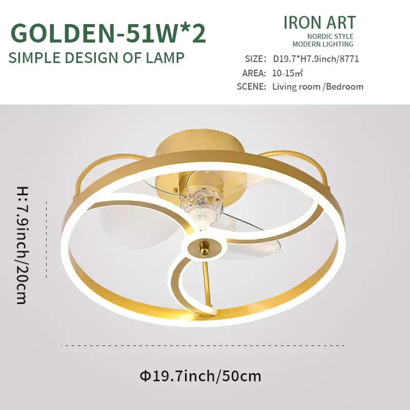 Modern white ring led ceiling fan with gold finish and integrated led lighting for bedroom lighting fixture