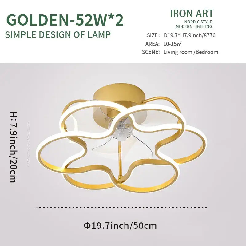 Golden-52w*2 ceiling fan with interlocking gold metal rings and white led strips in modern nordic design for bedroom lighting