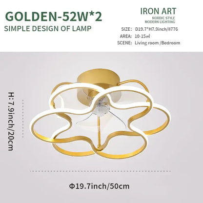 Golden-52w*2 ceiling fan with interlocking gold metal rings and white led strips in modern nordic design for bedroom lighting