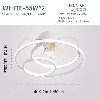 Modern white nordic-style led ceiling fan with overlapping circular rings and integrated led bulb for bedroom lighting