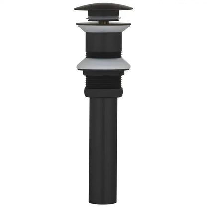 Black matte-finish bathroom sink drain with silver accents paired with modern white and elegant rose gold basin faucet