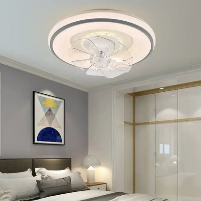 Modern white and silver decorbites led ceiling fan with invisible blades and integrated led lighting for living room decor