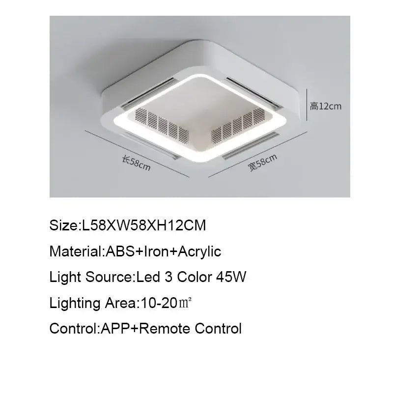 Modern white square bladeless ceiling fan light with three-color led lighting made of abs iron and acrylic materials