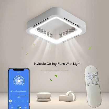Modern white square bladeless ceiling fan light with integrated ventilation grilles for bedroom decorbites ceiling fan