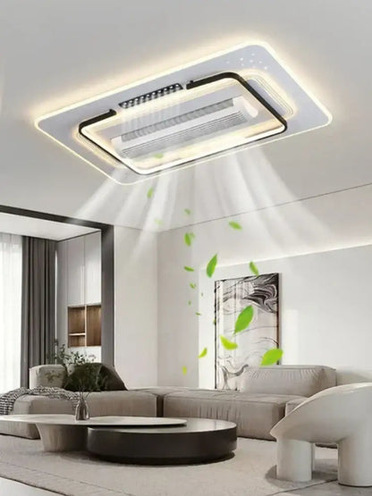 Modern white rectangular ceiling fan light with sleek bladeless design and integrated led lighting for bedroom use