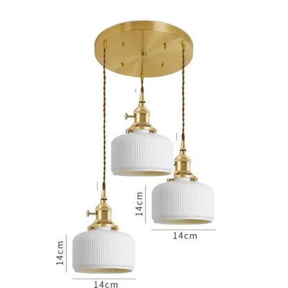 Set of three white ribbed ceramic led pendant lights with gold-toned fixtures and braided cords for modern decorbites ceramic led decor