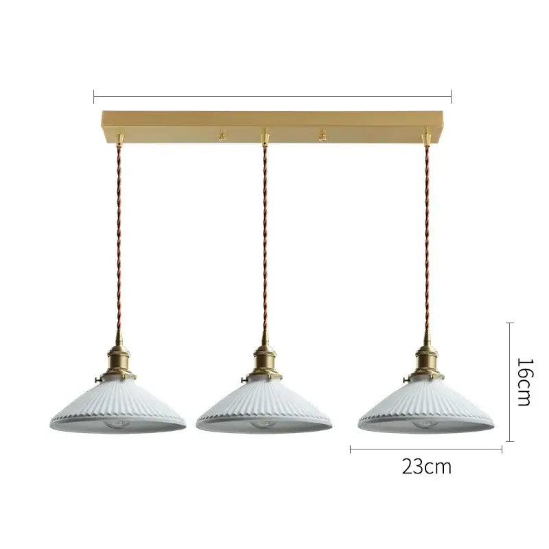 Three-light pendant lights with brass rectangular bar, twisted copper cords, and white ribbed glass shades by Decorbites ceramic led pendant