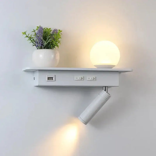 Modern white wall lamp with usb charging featuring spherical globe lamp and adjustable spotlight for bedroom decorbites led bedside