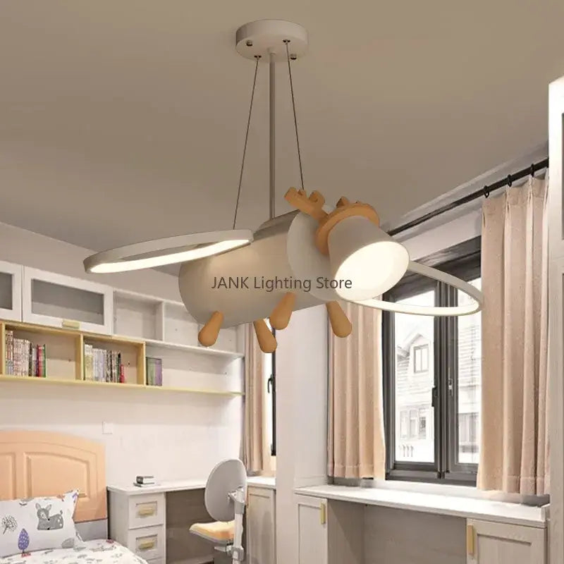 Modern white and wood deer led pendant light with circular LED lights for kids bedroom decor