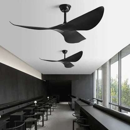 Black sleek modern ceiling fan with curved wing blades designed for contemporary living room spaces
