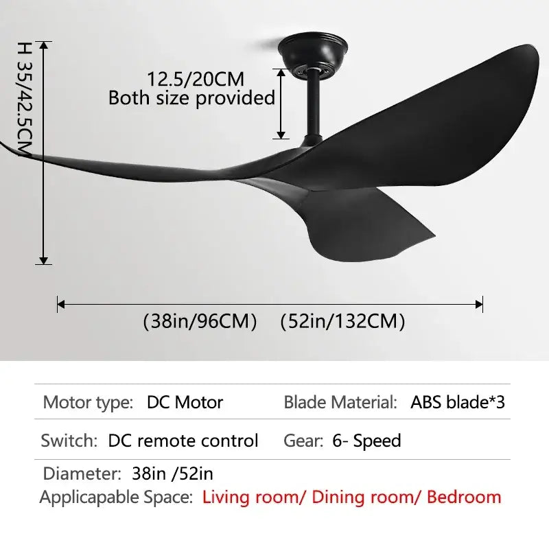 Modern ceiling fan with black matte finish abs blades designed for living room with sleek wing style blades