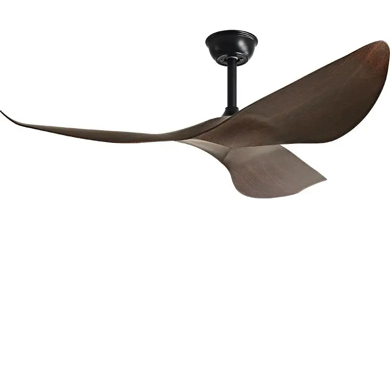 Modern ceiling fan with sleek dark brown wooden blades and matte black hub designed for living room use