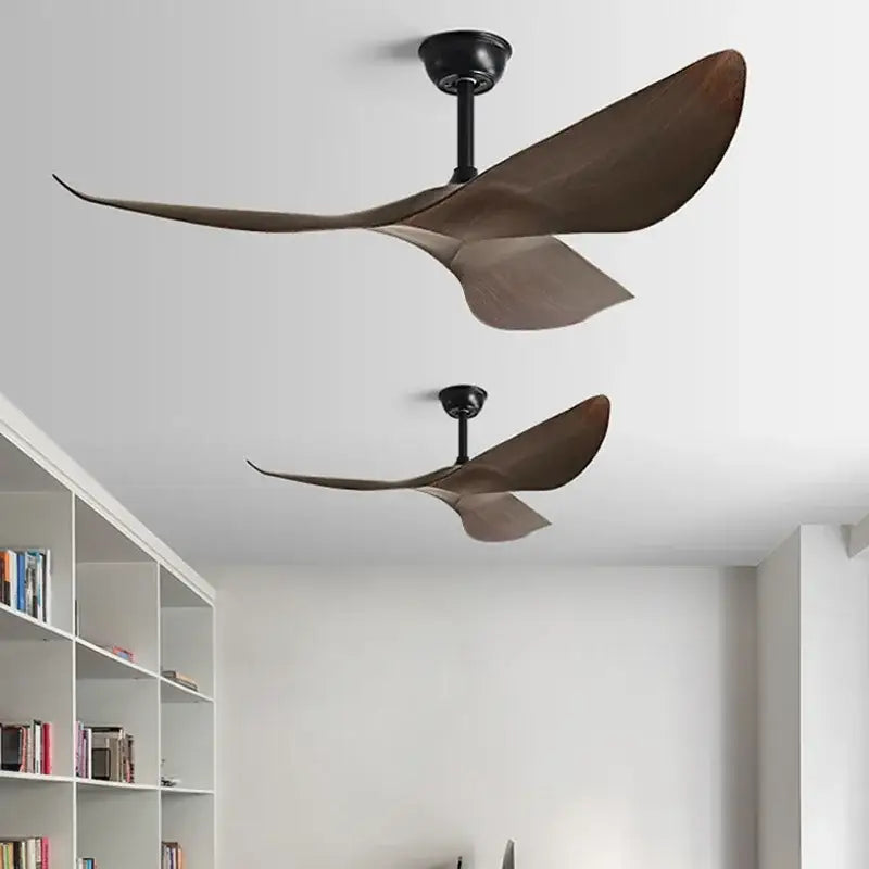 Modern ceiling fan with sleek dark brown wooden blades and matte black hub for contemporary living room use