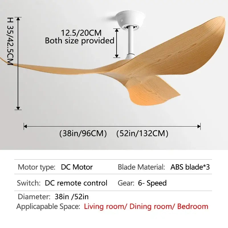Modern ceiling fan with light brown abs blades and white motor housing available in 38 or 52-inch diameters for living room