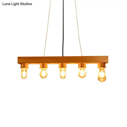 Modern wood 5 light rectangular chandelier with warm-toned wooden frame and exposed edison bulbs dining room ceiling light