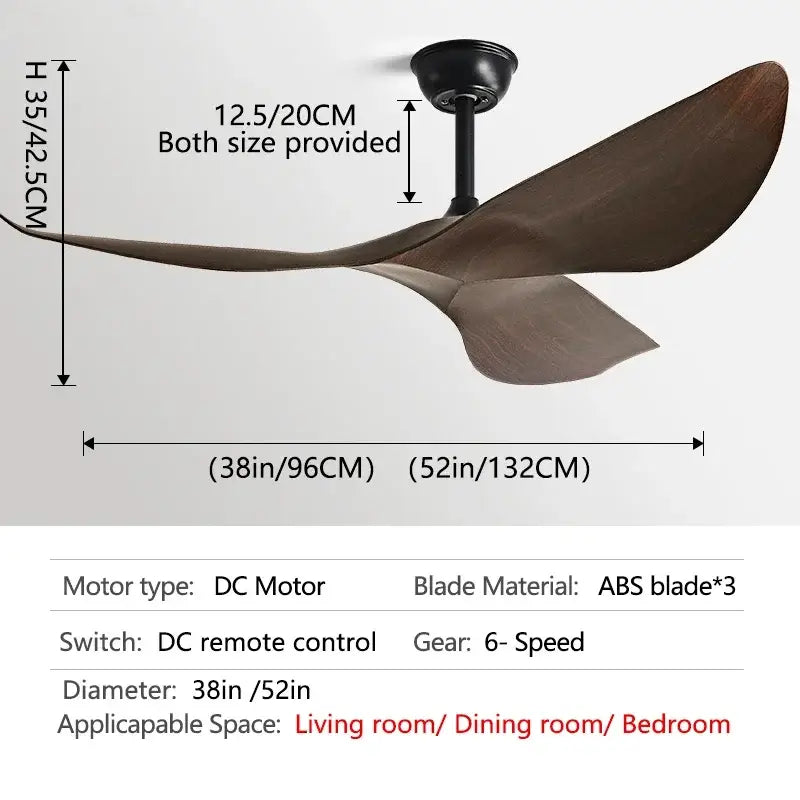 Modern wood 52 inch dc ceiling fan with sleek dark brown abs blades and matte black motor housing for living room