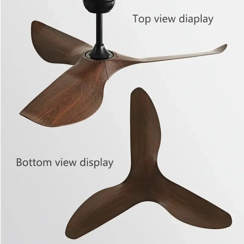 Modern wood 52 inch dc ceiling fan with three dark brown wooden blades and matte black hub for living room use with remote control