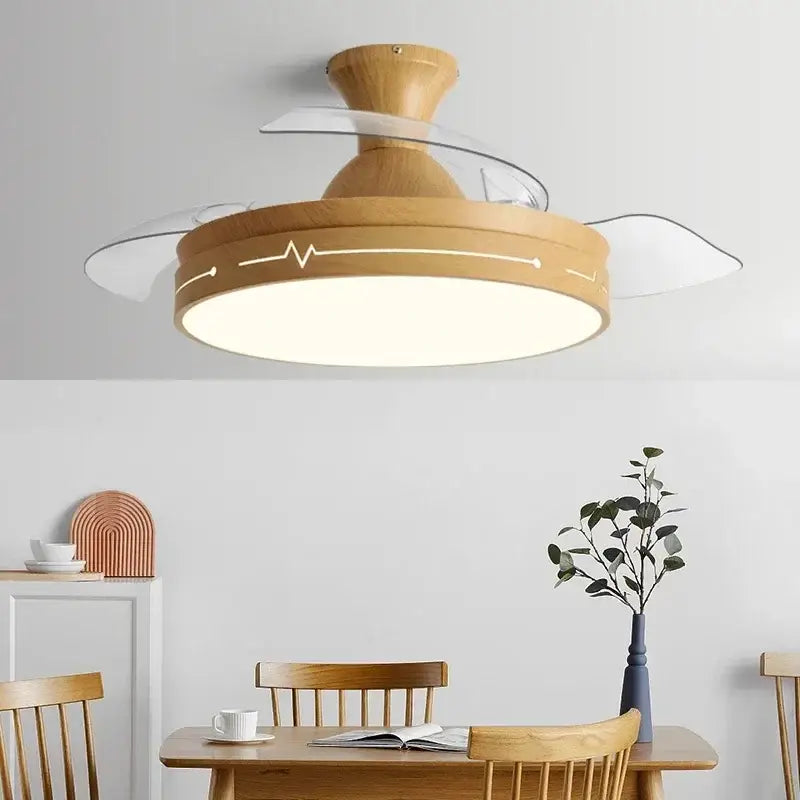 Modern wood and acrylic ceiling fan light with clear acrylic blades and white line design on circular light housing