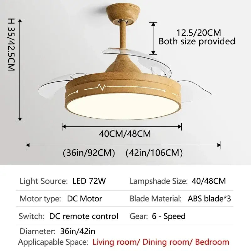Modern wood and acrylic ceiling fan light with clear abs blades and circular lampshade for bedroom use