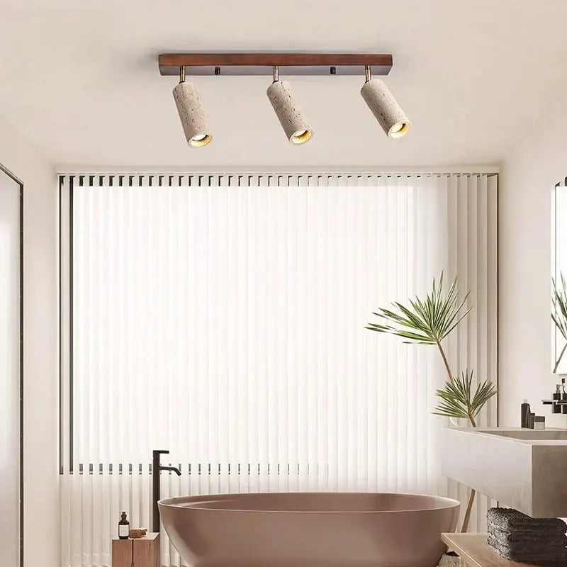 Modern wood and beige concrete led ceiling spotlight with dark wood frame and textured shades for living room use surface mounted led
