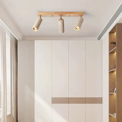 Modern wood and beige concrete led ceiling spotlight with three textured off-white shades and surface mounted led design