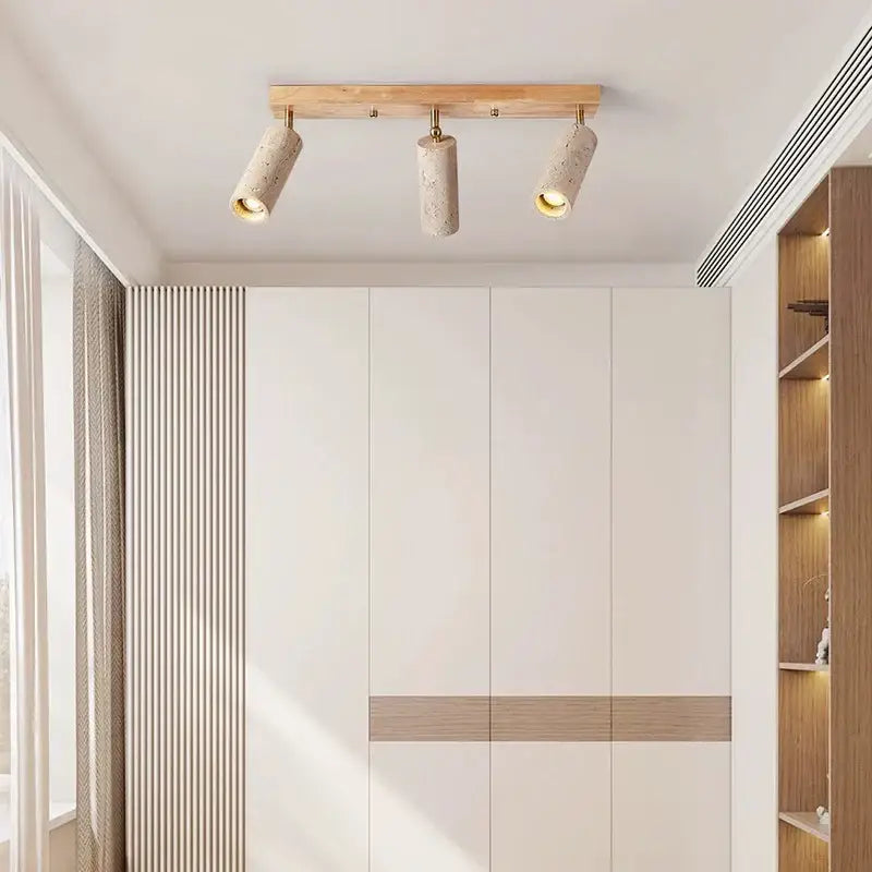 Modern wood and beige concrete led ceiling spotlight with three textured off-white shades and surface mounted led design