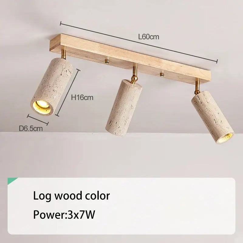 Modern wood and beige concrete led ceiling spotlight with three cylindrical surface mounted led light heads on wooden bar