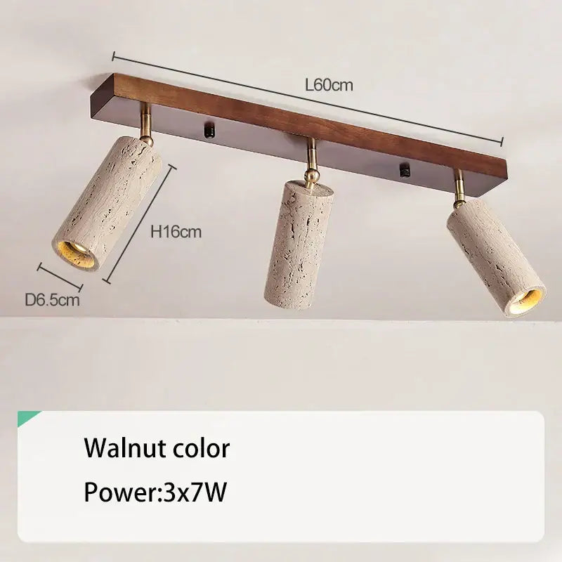 Modern walnut surface mounted led ceiling spotlight with three beige concrete cylindrical fixtures and brass accents for living room