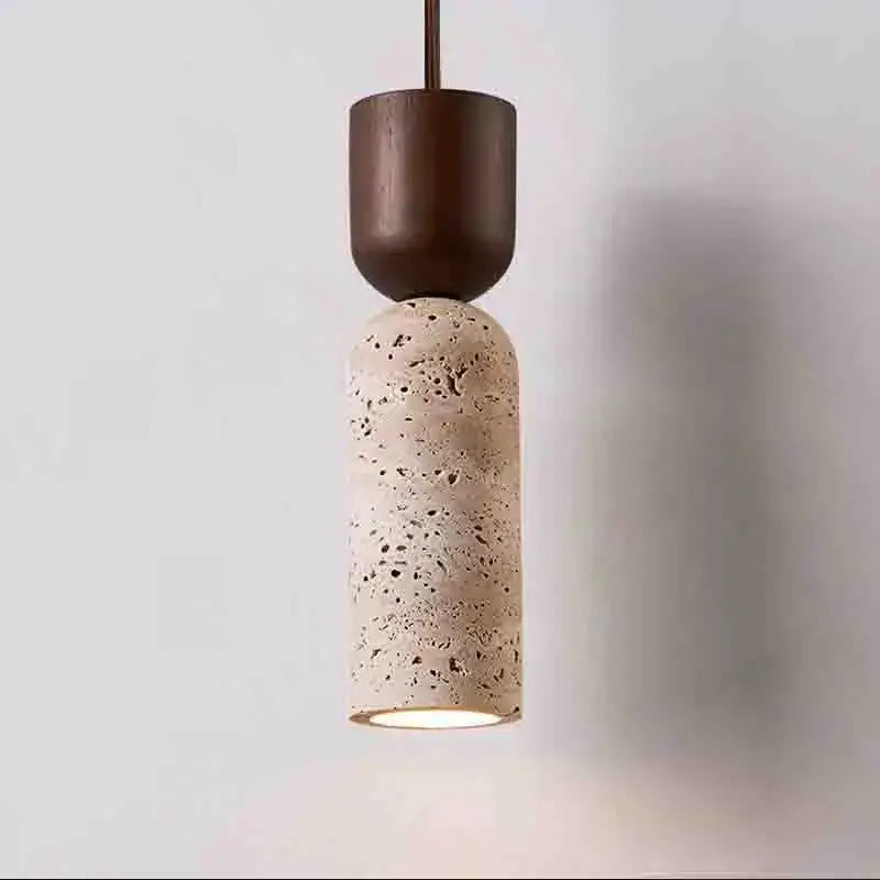 Modern pendant light with dark wood top and speckled beige stone pendant light for cord pendant installation
