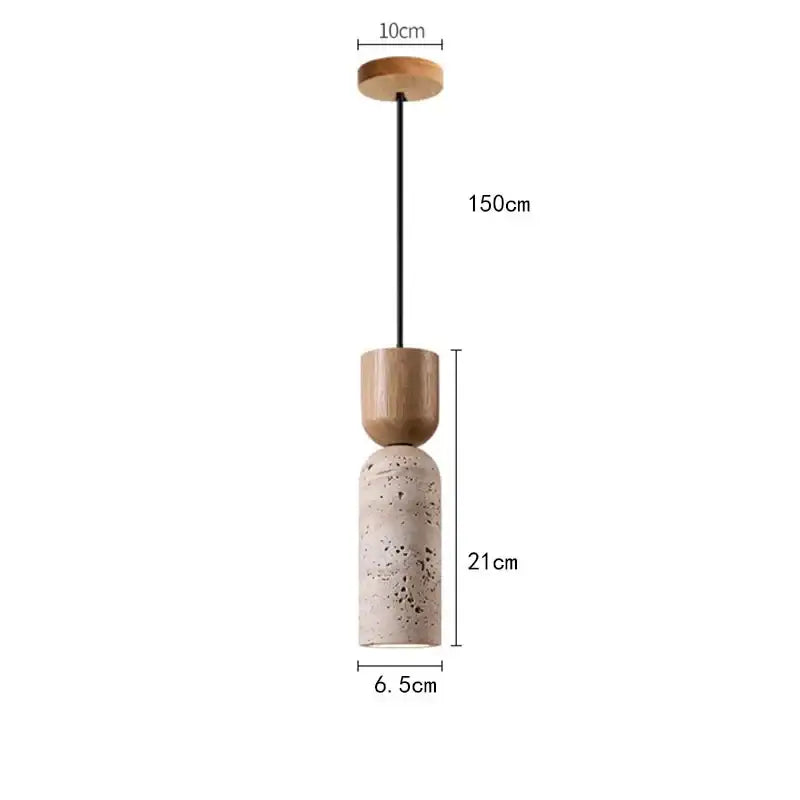 Modern wood and beige stone pendant light with natural wood mount black cable and two stacked cylindrical shades for kitchen decor