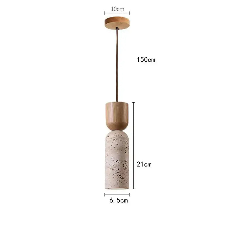 Modern wood and beige stone pendant light with natural wood mount and black cord pendant installation for kitchen decor