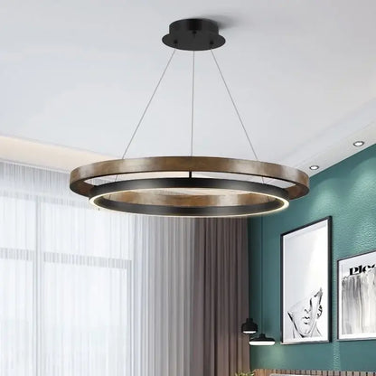 Modern wood and black double circular led chandelier with matte black and brushed brass double circular pendant light