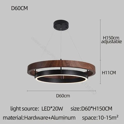 Modern wood and black double circular led chandelier with dark wood ring and warm LED lighting for dining room