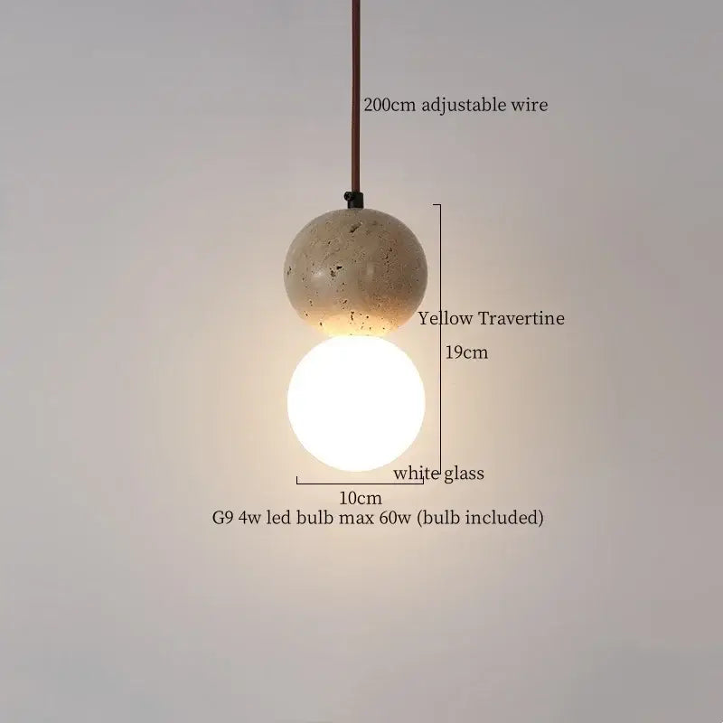 Yellow travertine sphere pendant light with white glass globe decorbites led pendant lights for modern interiors
