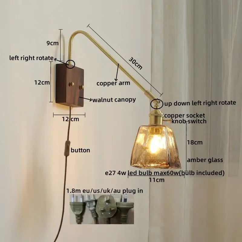 Modern wood and copper led wall sconce with brass copper arm walnut base and amber glass copper led shade for bedroom or stair lighting